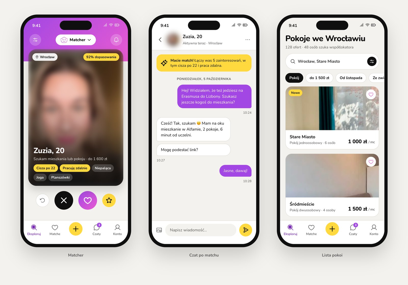 Trzy ekrany appki: matcher, czat po matchu, lista pokoi