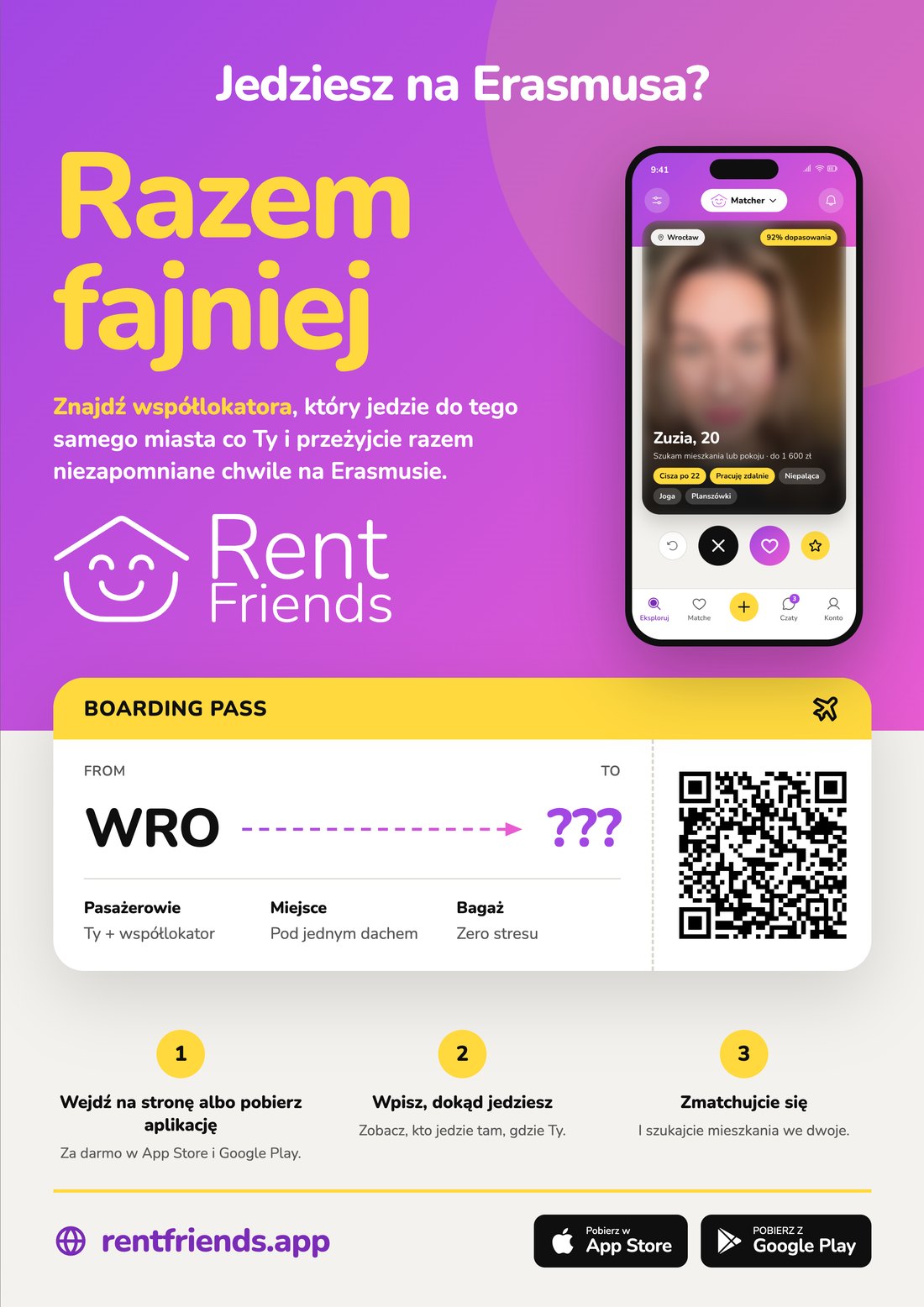 Plakat A4: Jedziesz na Erasmusa? Razem fajniej, z kartą pokładową i kodem QR