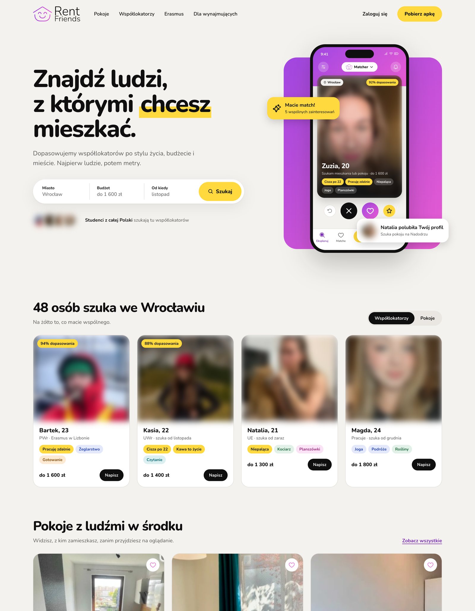 Strona główna RentFriends z wyszukiwarką, profilami osób i pokojami